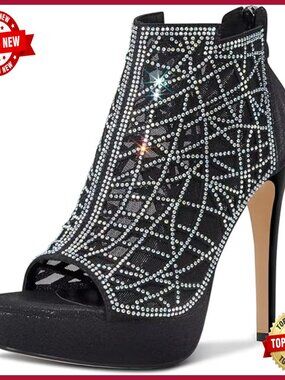 Crystal Stiletto Platform Sandals Peep-Toe High Heels With Zipper